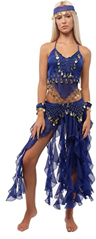 5 Stück Professioneller Bauchtanzanzug für Damen, Zubehör für Top und langen Rock aus Chiffon für indische Kostüme und Themenpartys, Einheitsgröße, blau, One size