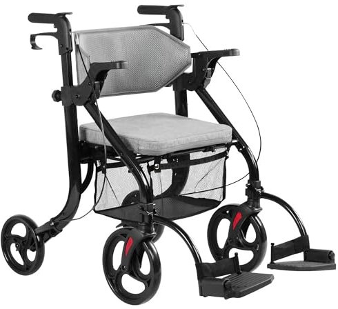 Care-Parents Rollator Rollstuhl Leichter & faltbarer mit Sitz, Rollator Rollstuhl 2 in 1,Aluminium,Leichtgewicht Rollatoren mit Netztasche,Höhenverstellbar,Transport-Stuhl Schwarz (CP-9269)