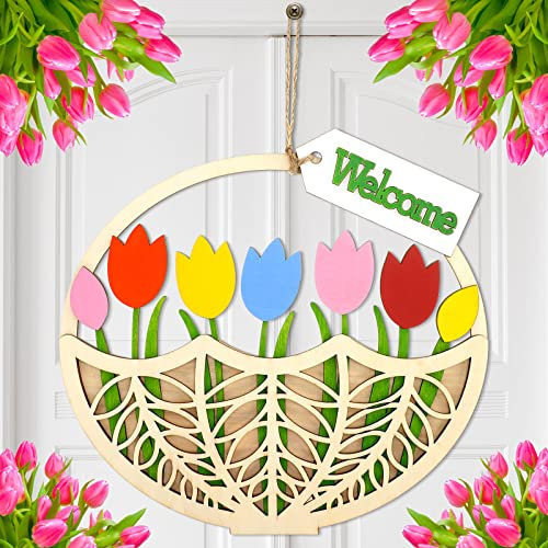 Ferraycle Summer Tulip Door Decor Flowers Wreaths for Front Door Hanger Wooden Tulip Welcome Basket Hanging Sign Rustic Farmhouse Flower Wall Decorations for Home Indoor Outdoor Housewarming Gift