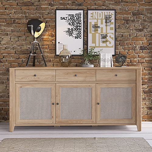 Sideboard Kommode Anrichte mit 3 Schubladen und 3 Türen in Eiche Nb. mit Wiener Geflecht Nb., B/H/T: ca. 188/90,5/42 cm