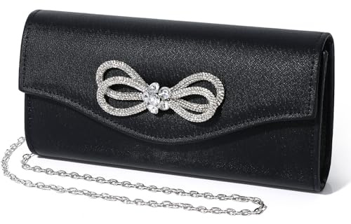DETARA Women Evening Handbag Shiny Crystal Bow Flap Clutch Purse for Women Wedding Party Prom Purse