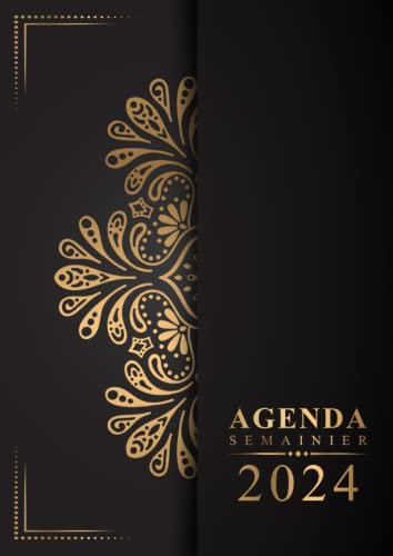 Agenda 2024: Semainier 1 semaine sur 2 page,12 mois de Janvier à Décembre, Grand format A4 (Couverture Mandala Noir Dorée)