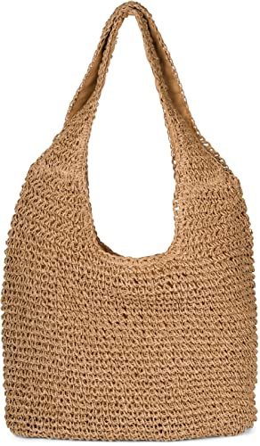 styleBREAKER Damen Beuteltasche Papierstroh Flecht | 42x34x6 cm Hauptfach mit Reißverschluss, kleines Innenfach, feste 63 cm lange Tragehenkel für die Schulter, Boho Style.
