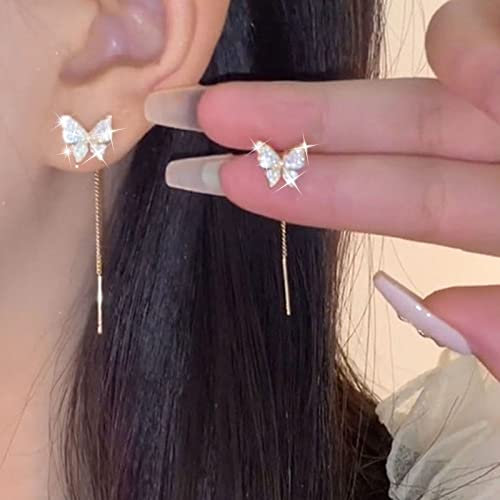 TseenYi Cz Schmetterling Ohrstecker Gold - Kette Einfädler Ohrringe Mit Funkelnden Strassstein - Lange Ziehen String Schmuck Für Frauen Und Mädchen
