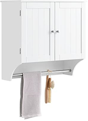 SoBuy Meuble Haut de Salle de Bain, Armoire Haute Murale, Placard Mural, Meuble Suspendu Toilette WC Entrée Cuisine, 2 Portes, avec 2 Étagères Réglables, Porte-Serviettes, 60x30x60 cm, Blanc, BZR84-W
