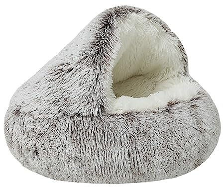 Freyamy Hundebett Katzenbett Rund Halb Geschlossener mit Kapuze Kleine Hunde und Katzen Haustierbett Waschbar rutschfest Hundebetten Lang Plüsch Verdicktes Warmes Hundekorb Farbverlauf Braun Ø40CM