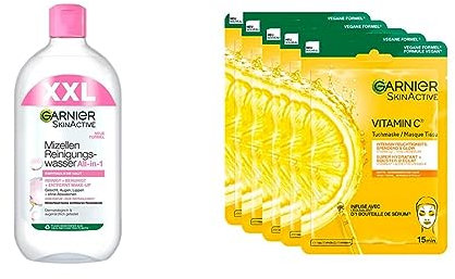 Garnier Mizellen Reinigungswasser, Für eine sanfte Reinigung und schonendes Abschminken & Feuchtigkeitsspendende Tuchmasken für sensible Haut