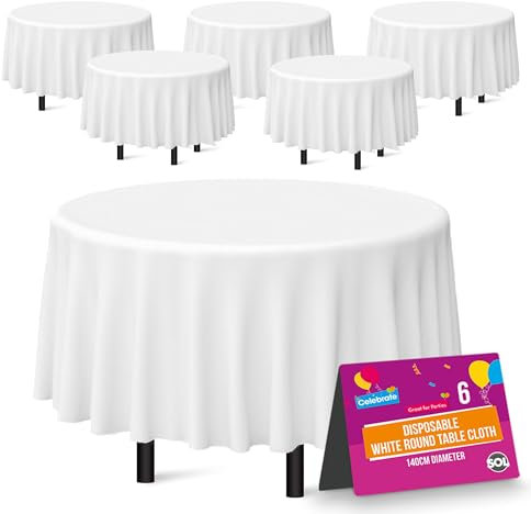 SOL Runde Einweg-Tischdecken, 140 cm, Party-Tischdecken für runde Tischdecken, langlebiger Auslaufschutz, perfekt für Hochzeiten, Buffets, Catering, Restaurants und Veranstaltungen im Freien, Weiß, 6