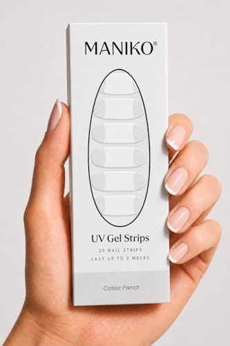 Maniko UV Gel Strips Classic French Klar –20 UV Nagelsticker 2 Anwendungen | UV Nagellack zum Kleben, selbstklebende Nagelfolie für natürliche Nägel, vegan & langanhaltend – Geschenk zu Geburtstag