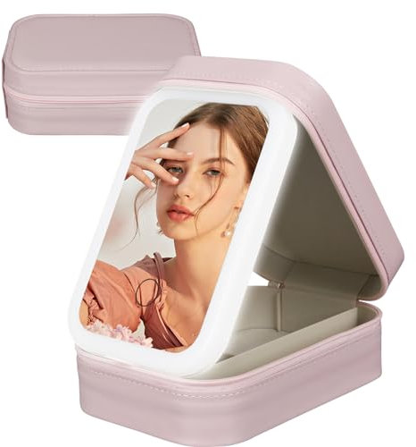 Kosmetiktasche mit Beleuchtetem Spiegel, Schminktasche Make up Tasche mit Spiegel-3 Farben LED Licht, Reise Kosmetikkoffer Organizer, Tragbare Schminkkoffer Make-up Etui mit Trennwänden (Rosa)