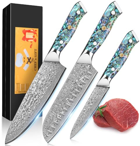 KEENZO 3er Damastmesser Set Küchenmesser Damaststahl 3-Teilig Chefmesser Set mit Chefmesser, Santokumesser, Obstmesser, Hammerschlagoberfläche Kochmesser Set Profi Scharfe mit Kunstharz Handgriffen