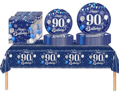 Juego de 53 piezas de vajilla azul marino y plateado para fiesta de cumpleaños número 90, mantel de plástico, platos de papel, servilletas, decoración de mesa de 90 cumpleaños, kit de vajilla