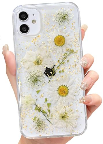 Abbery für iPhone 11 Hülle Blumen Muster Durchsichtig Mit Getrocknete Blumen Motiv Glitzer Silikon Frauen Mädchen Stoßfeste Anti-Kratzer Handyhülle Cover (Weiß)