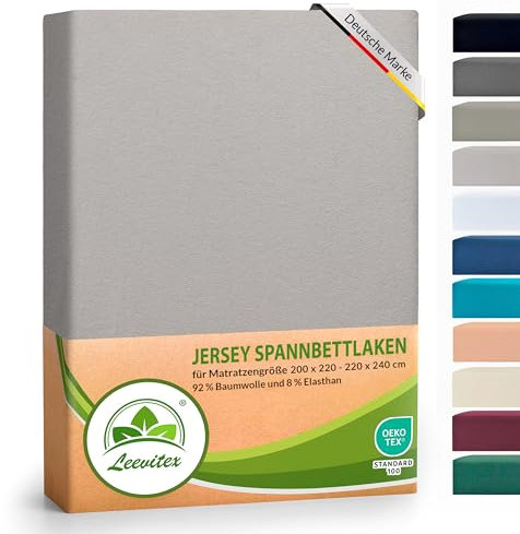 leevitex® Luxus Elasthan Jersey Spannbettlaken | 200x220 – 220x240 cm | Multistretch | 250 g/m² | 92% Mako-Baumwolle 8% Elasthan | 40cm Steghöhe | außergewöhnlich hochwertige Ausführung | Grau
