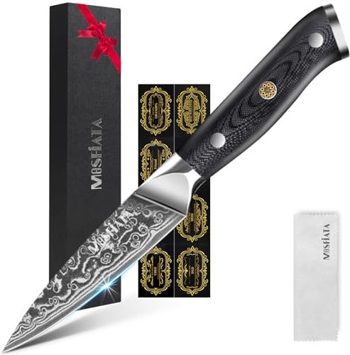MOSFiATA 3,5 Zoll Damast Schälmesser Obstmesser Scharf Gemüsemesser, VG10 Damaszener Stahl, Geschenkset mit Tuch