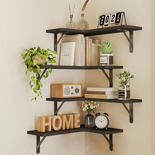 BAKAJI Set 4 Mensole in Legno Angolari, Scaffalatura ad Angolo Montaggio a Muro, Aste Metallo, Scaffalatura per Camera da Letto, Soggiorno, Cucina, Bagno, Libreria Salvaspazio (Nero)