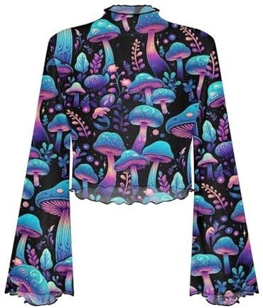 POLERO Haut Y2K Bell pour Femmes à Manches Longues avec Bordure Laitue Chemise en Maille Transparente Col Montant Années 70 Blouse, Champignons, M
