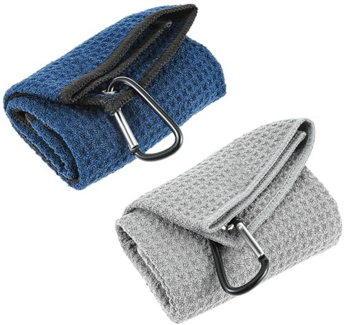 Giantree Golf Handtuch Zum Reinigen, 2 Stück dreifach gefaltetes Golf-Handtuch, Mikrofaser-Golf-Handtuch (30 x 30 cm) mit Karabiner-Clip Sehr saugfähig Golf Reinigungstuch(grau+blau)