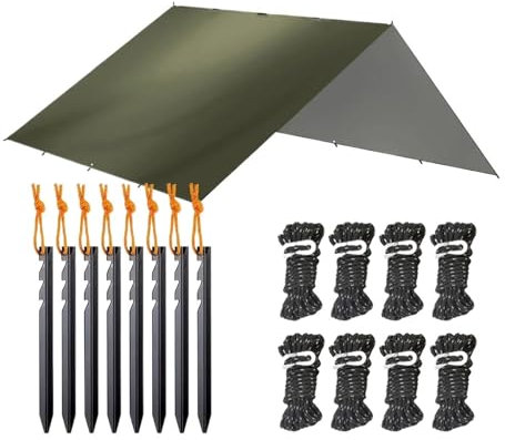 Strandüberdachungen 19 Hängepunktplane, wasserdicht, for Überlebens-Bushcraft, Sonnenschutz, Strandschattenzelt, Outdoor-Überdachung, Rucksackreisen, Touristenmarkise, 4 x 4, 3 x 3 m(Olive Green stlye