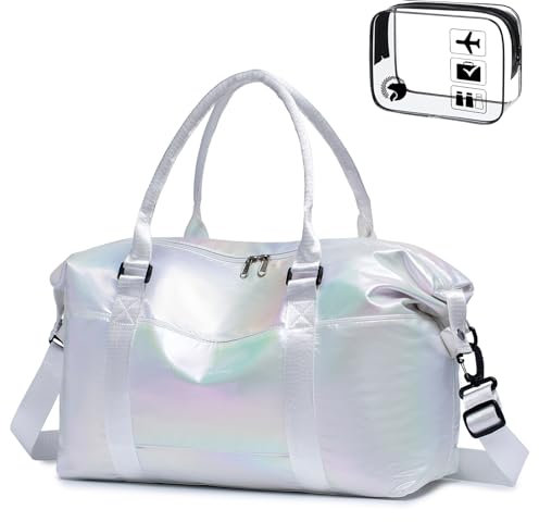 SPAHER Sporttasche Groß Damen Herren, Reisetasche Faltbare, Wasserdicht Weekender Gym Travel Duffle Bag Handgepäck Tasche Trainingstasche Schwimmtasche Fitnesstasche für Reisen, Sport Weiß