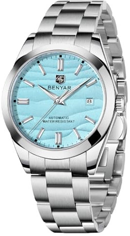 BENYAR Herrenuhr Automatikwerk Edelstahlarmband 50M Wasserdicht Leuchtanzeige mit Kalenderanzeige Casual Business Herren Sportuhr(Blue)