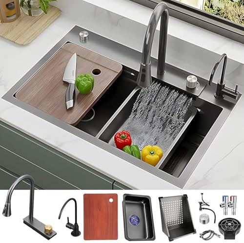 Lavello A Cascata, Lavello Da Cucina In Acciaio Inox Nero, Postazione Di Lavoro A Una Vasca Con Lavabicchieri, Cestello Di Scarico E Rubinetto Estraibile, Lavello Da Montare In Alto, Con Rivestimento