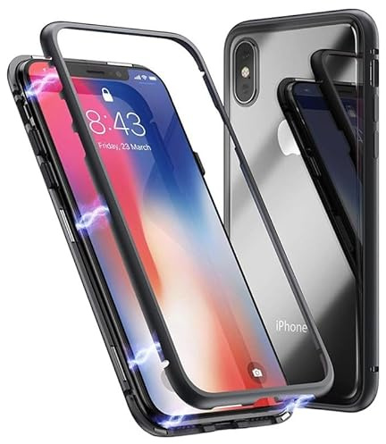 iPhone X/XS Case, Ultra Thin Metal Frame, Tempered Glass, Magnet Cover, Black