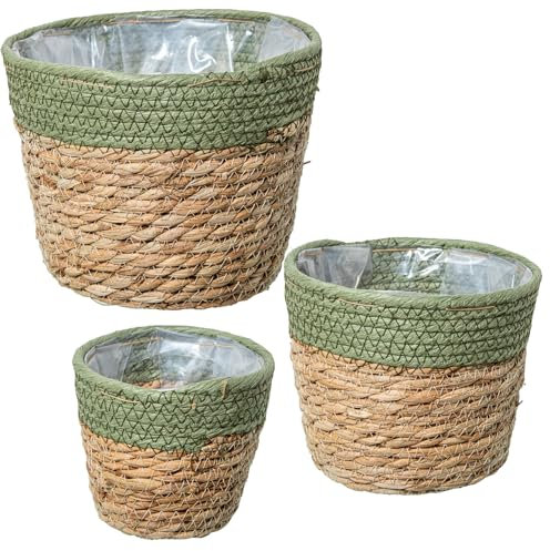 SET 3 MACETEROS MIMBRE NATURAL/VERDE_°20X16+°16X14+°12X11CM