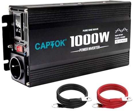 CAPTOK 1000Watt Reiner Sinus-Wechselrichter 12V DC 220V AC mit LED-Bildschirm-Anzeige 2AC Ausgänge, 5V 2.4A USB Anschluss Stromwandler für Auto, LKW, Zuhause, Reise