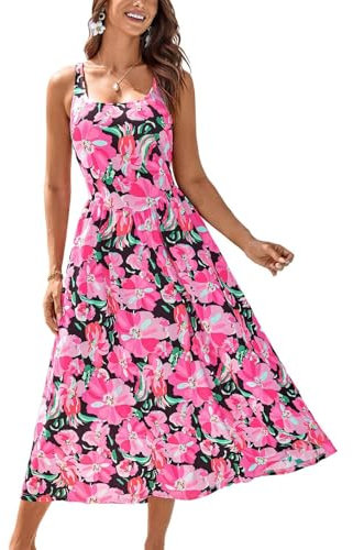 GRACE KARIN Robe d'été florale sans manches à col carré pour femme - Robe d'été mi-longue avec poches, Fleurs roses rouges, L