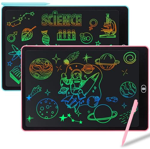 Damcyer Tableta de Escritura LCD 15 Pulgadas-2 PCS,Tablero de Dibujo Electrónico con Pantalla Colorida,Cuaderno Borrable con Pegatinas de Animales, para Niños y Niñas de 3 4 5 6 Años,Azul + Rosa