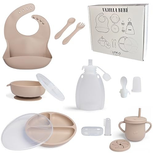 Vajilla Bebé Silicona Set 7 Piezas con Plato Dividido y Cuenco con Tapas Vaso Antigoteo Babero Cuchara y Tenedor con Biberón Dosificador Sin BPA Caja Ideal para Regalo