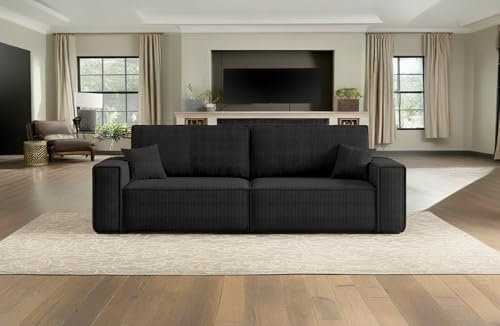 Kaiser Möbel - Sofa mit Schlaffunktion und Bettkasten, Schlafsofa mit Bettzeugbehälter, Sofa 3-sitzer, Bequemes Couch für Wohnzimmer, Cordstoff, Klappsofa, Relaxsofa, 2 Zierkissen, Best, Schwarz
