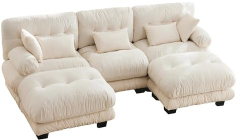 LIFEISLE Modulares Sofa U Form 300CM Breit, Groß 3 Sitzer Couch mit Fußstütze, 5-Sitzer-Wolkensofa, Chaise Lounge Ecksofa Liegensofa für Wohnzimmer, Beige