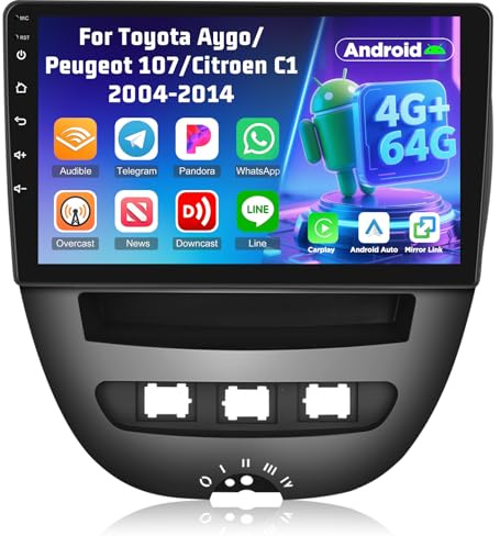 [4+64G] Techschermo Car Radio for Toyota Aygo/Peugeot 107/Citroen C1 2005-2014 - Wireless Carplay and Android Auto - 10 Inch Touchscreen Android Car Stereo - EQ/GPS/WiFi/SWC + AHD Backup Camera