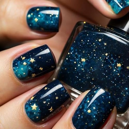 Shimmerz 24 Piece Short Square Press-On Nails Dark Blue Gradient Starry Sky with Gold Star Patterns Cute for Women's Nail Decoration