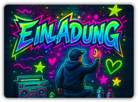 12x Graffiti Einladungskarten Nr. 6 - Für den Kindergeburtstag von Jungen & Mädchen - Neon Graffiti Geburtstagseinladungen inkl. Messenger Bild & Urlaubsgutschein