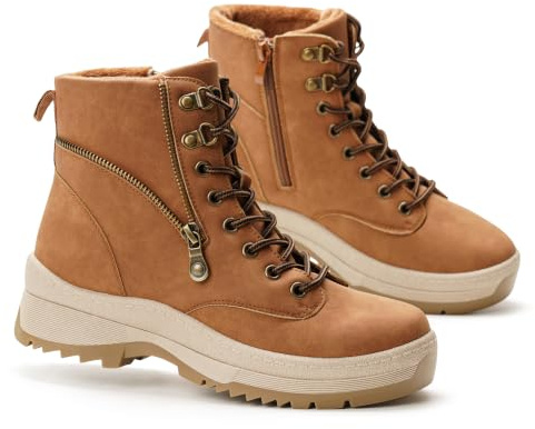GLAMORA Botas de Nieve para Mujer, Botines de Invierno Estilo Montaña, Antideslizantes, Resistentes al Agua, con Pelo, Cremallera Lateral y Cordones