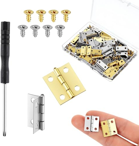 WJIAAA 60 Pcs Mini Hinges, Small Brass Folding Hinge with Screwdriver | 120 Gold+120 Silver Screws for Wooden Box, Jewelry Box, Dollhouse, Miniature Furniture 30 Gold+Silver Hinge