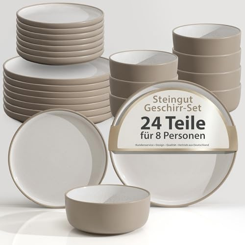Hausfelder Steingut Geschirrset 8 Personen, 24-teilig, Nordic Sand | Schüsseln und Teller, Tafelservice für 8 Personen, Steingut, Farbe Nordic Sand