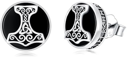 PROESS Viking Stud Earrings 925 Sterling Silver Tree of Life/Ankh Cross/Skull/Valknu Earrings Natural Black Onyx Jewellry for Men Women