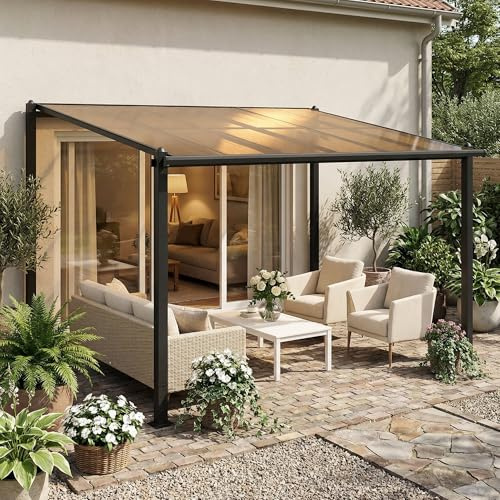 Outsunny Pergola adossée 3,8 x 3 m avec Toit étanche en Polycarbonate, Structure en Aluminium, auvent Rigide avec gouttières intégrées, ombrage extérieur Robuste, Gris foncé