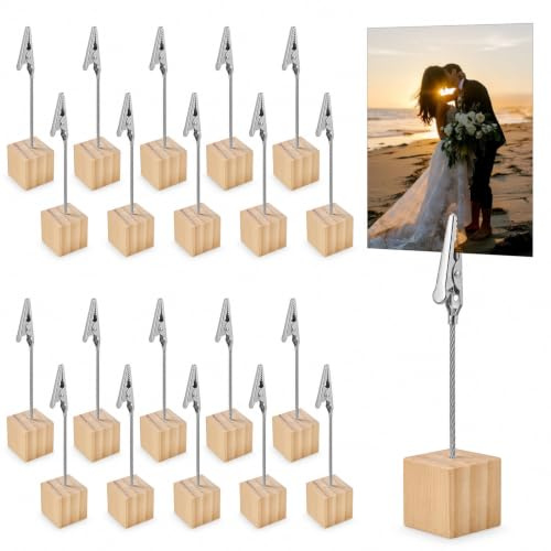 Ehanfus 20 Stück Fotohalter Holz mit Klammern, Fotoständer Clip | Memo Clip Halter Ständer, Klammern Postkartenhalter für Bilder Sitzplatzkarte Hochzeits Büro Hausdekoration (Holzfarbe)
