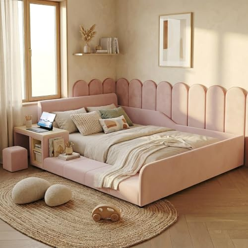 Sweiko Lit Enfant en Velours 140x200 cm avec Bureau Intégré, Tabouret, Rose | Lit au Sol Montessori 2 Places, Barrières Rembourrées, Sommier à Lattes, sans Matelas, pour Garçon et Fille
