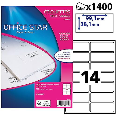 OFFICE STAR - 1400 Étiquettes Autocollantes Multi-Usages Blanches Personnalisables Imprimables - Format 99,1 x 38,1 mm - Impression Laset Jet d'Encre et Copieur