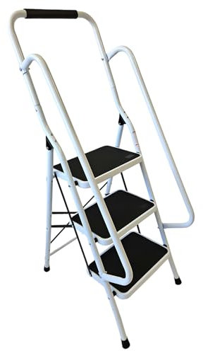 HH Home Hut 3 Step Ladder - Compact Folding Step Stool for Kitchen Rail Handles, Small and Portable Three-Step Ladder Fold Away Steps