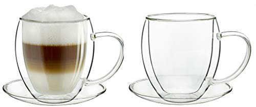 Creano 2er-Set Thermotasse, Extra Große doppelwandige Gläser mit Untersetzer, XXL Glastasse mit Henkel | 400ml im Geschenkkarton