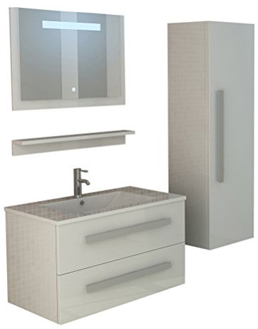 Jet-Line® | Badmöbelset St. Moritz | Waschbecken | Waschtisch | Set | Spiegel mit LED Beleuchtung | Badezimmer Set mit Soft Close | Hochschrank | Ablage | Weiss Hochglanz
