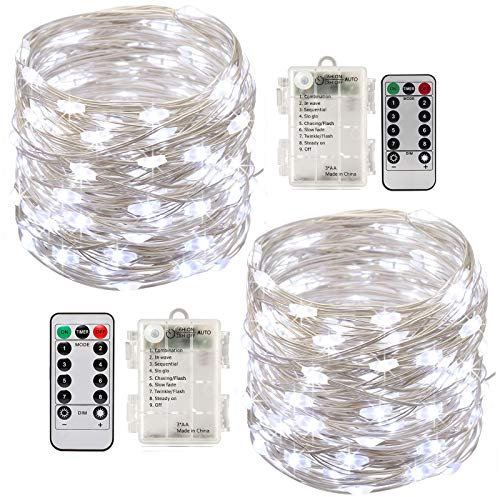 2 x10m Guirlande LED Lumineuse à Pile 100 LEDs Fonction Minuterie avec Télécommande IP65 Etanche Décoration intérieur et extérieur pour Noël Mariage Soirée Maison Jardin (blanc)