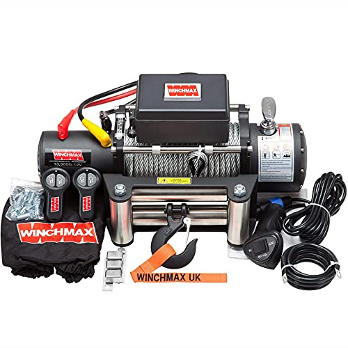 WINCHMAX 13,500lb (6,123kg) Military Grade 12v Electric Winch, 26m x 9.5mm Steel Wire Rope, 3/8 Inch Clevis Hook